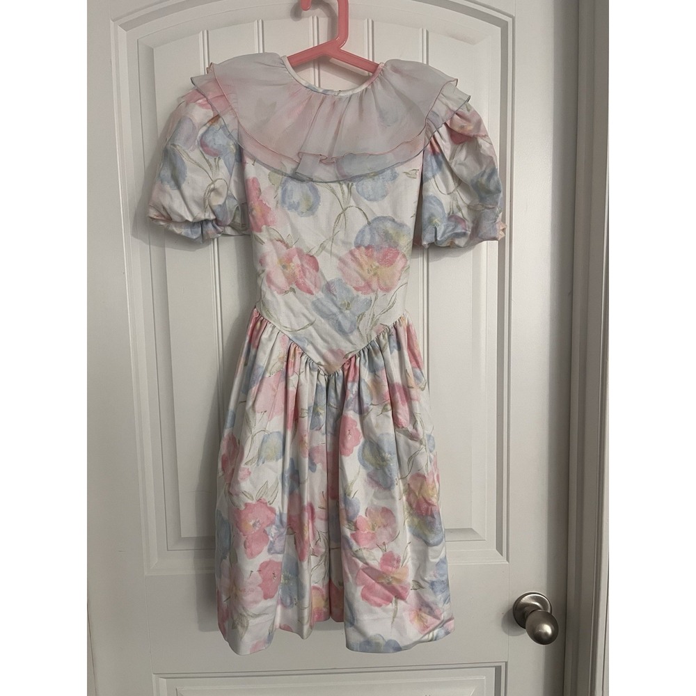 Vintage 90s Pastel Dorissa Floral‎ Print Dress Girls 12 Collar Puff Sleeves 065